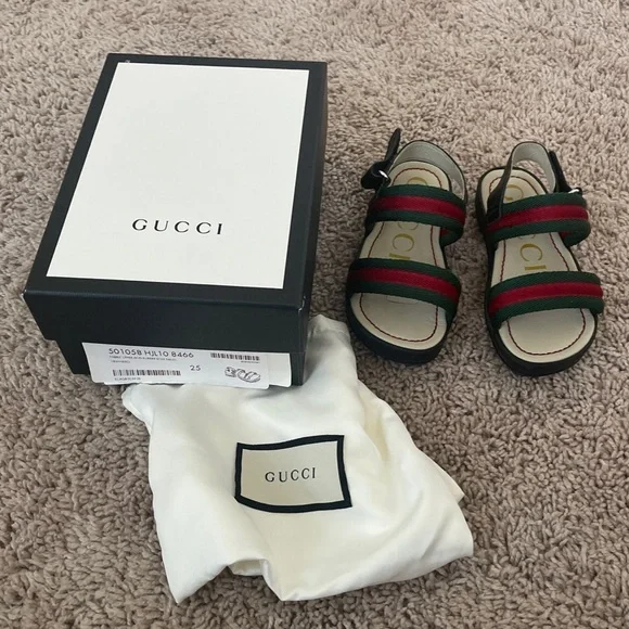 GUCCI kids Green/Red Vintage Web Nylon Open Toe Sandals Size 25/9C - Picture 9 of 12